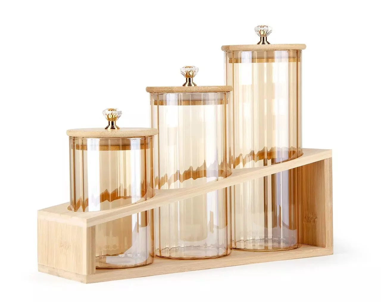 Набор банок для хранения сыпучих продуктов 500/700/880 мл с бамбуковой крышкой, на бамбуковой подставке , цвет карамель,BC-008(SET)