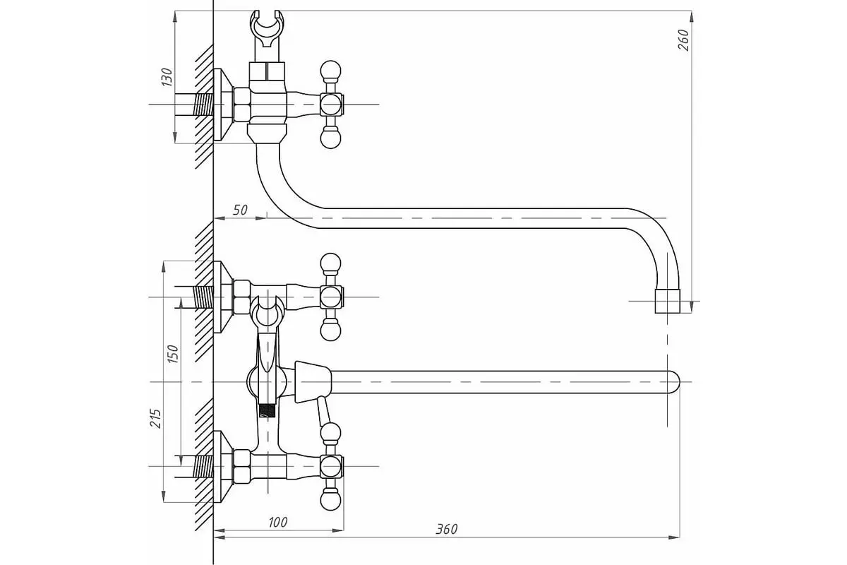 Двухвентильный смеситель для ванны, длинный излив 36 см, хром Профсан ПСМ См-ВУДРНШлА PSM-156-89