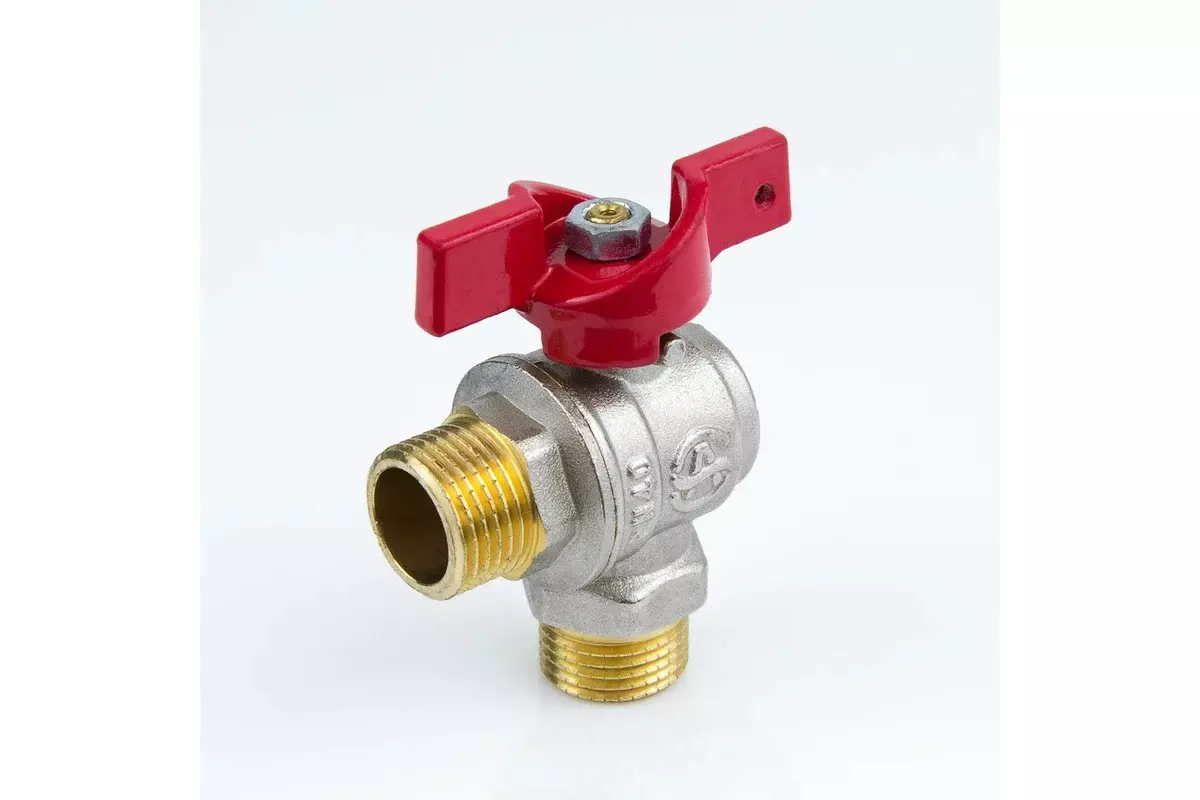 Кран шаровой угловой полнопроходной 1/2&quot; НР, никель, бабочка красная, Aquasfera 1010-01