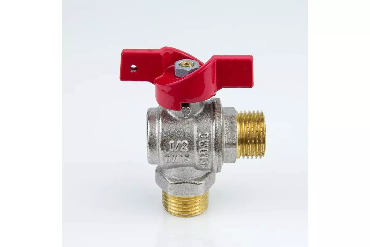 Кран шаровой угловой полнопроходной 1/2&quot; НР, никель, бабочка красная, Aquasfera 1010-01