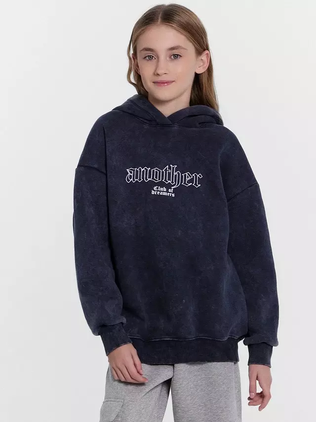 Худи для девочек Mark Formelle 127886 ACID WASH сумрачный серый +печать, р-р 122-60 (116-122)