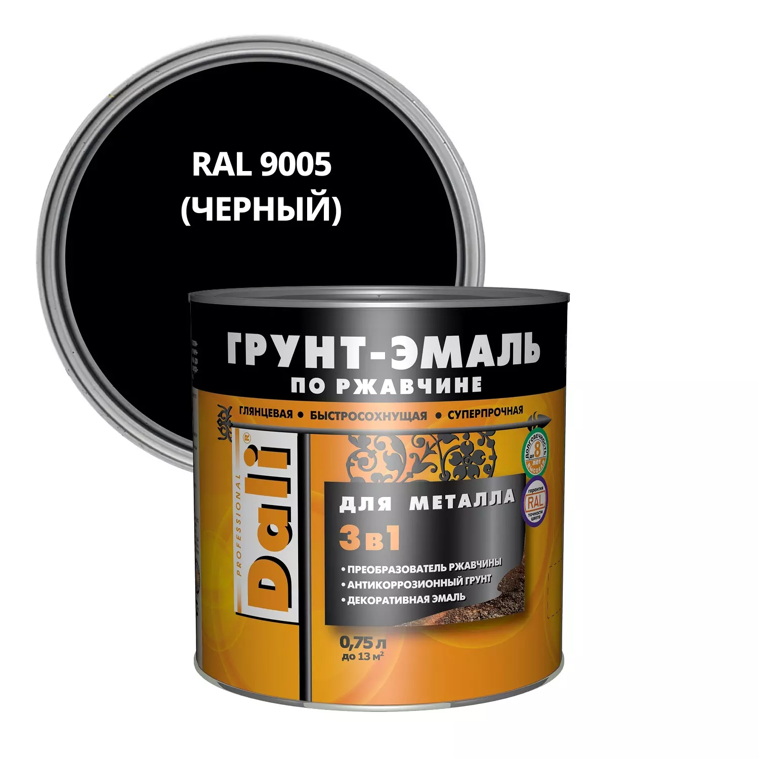 Грунт-эмаль по ржавчине 3 в 1 Dali глянцевая черный 0,75 л