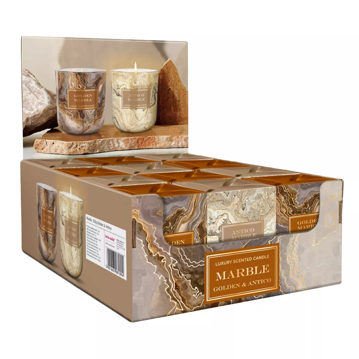 Cвеча ароматизированная в стакане Мрамор Золотой и Антико/Marble Golden & Antico 150 г Bartek