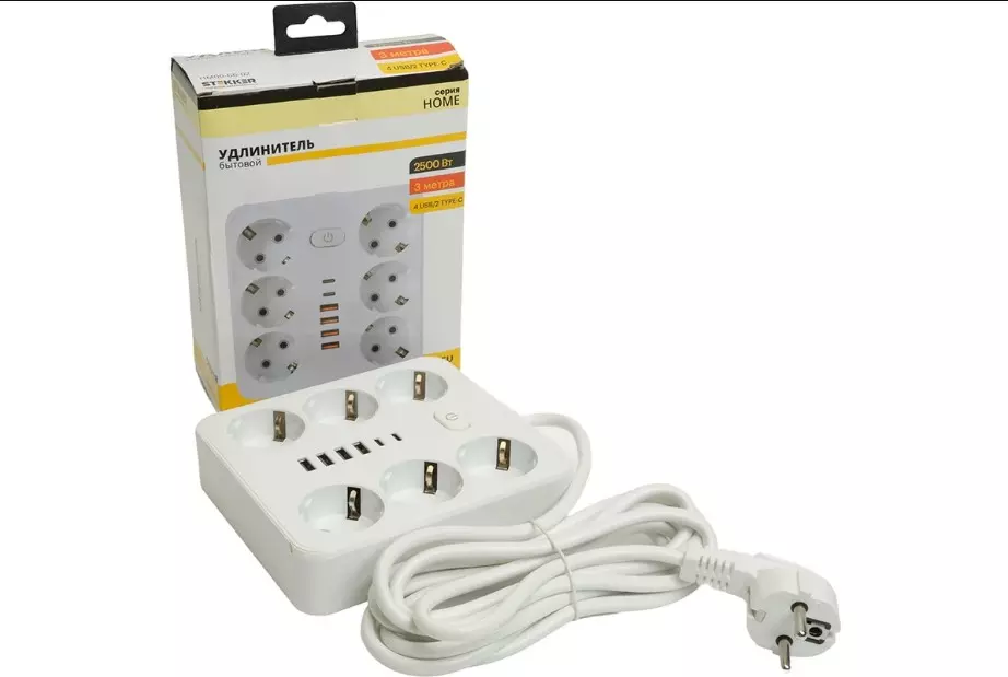 Удлинитель бытовой STEKKER 6 розетки с заземлением +2 USB +2 Type-C ПВС 3x1мм 3м 2500Вт с выключателем
