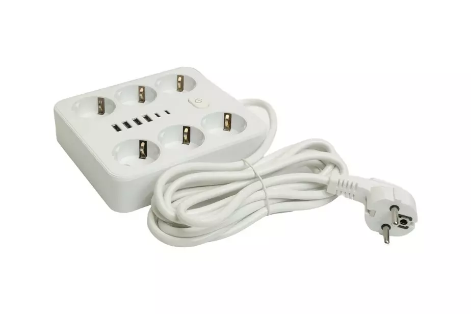 Удлинитель бытовой STEKKER 6 розетки с заземлением +2 USB +2 Type-C ПВС 3x1мм 3м 2500Вт с выключателем