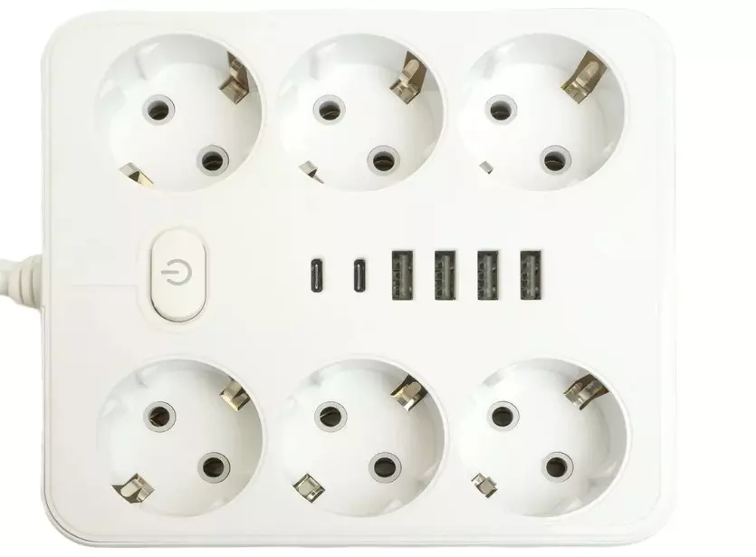 Удлинитель бытовой STEKKER 6 розетки с заземлением +2 USB +2 Type-C ПВС 3x1мм 3м 2500Вт с выключателем