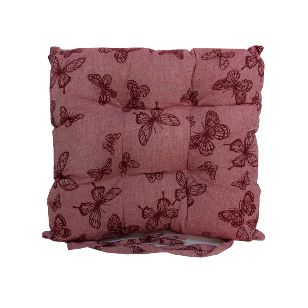 Подушка для стула 40*40 Sonnet с пиковками и завязками Лён, арт.19 Бабочки бордо