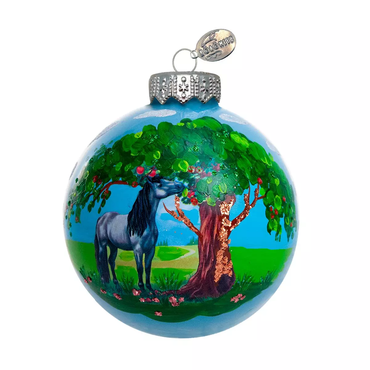 Елочный шар стекло Конь у яблони (Символ года) 10 см Коломеев КУ-100-254048