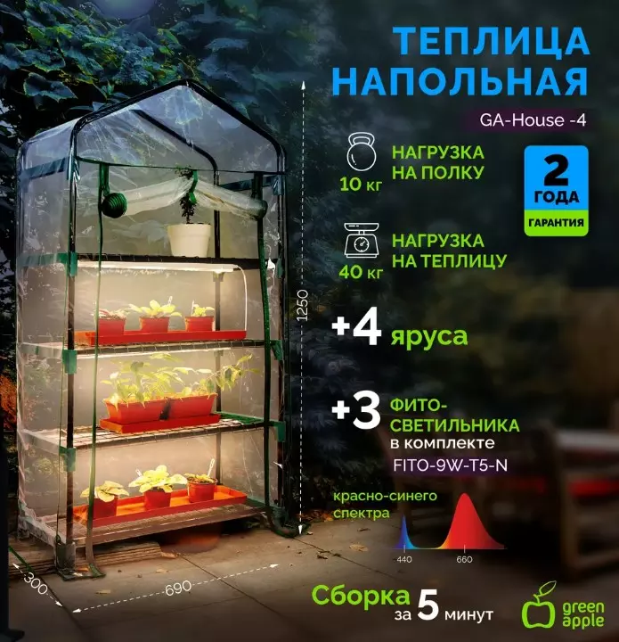 Теплица со светильниками в комплекте 4 яруса 1250х690х300мм GREEN APPLE Б0063882