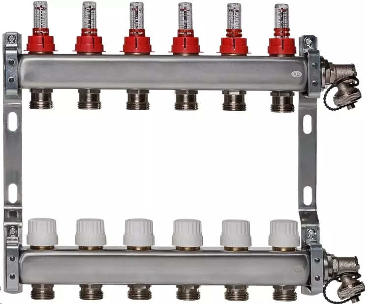 Коллекторная группа 1&quot;, нерж. сталь, 6 выходов на 3/4&quot; НР с расходомерами и запорными клапанами