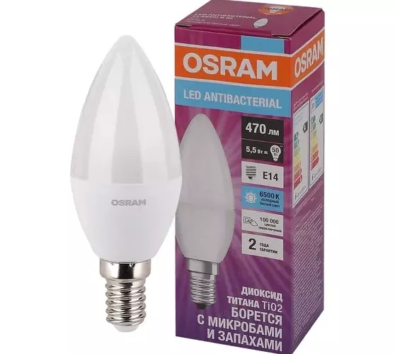 Лампа светодиодная Е14 220В 5,5Вт 6500К свеча холодный свет Osram 4058075561397