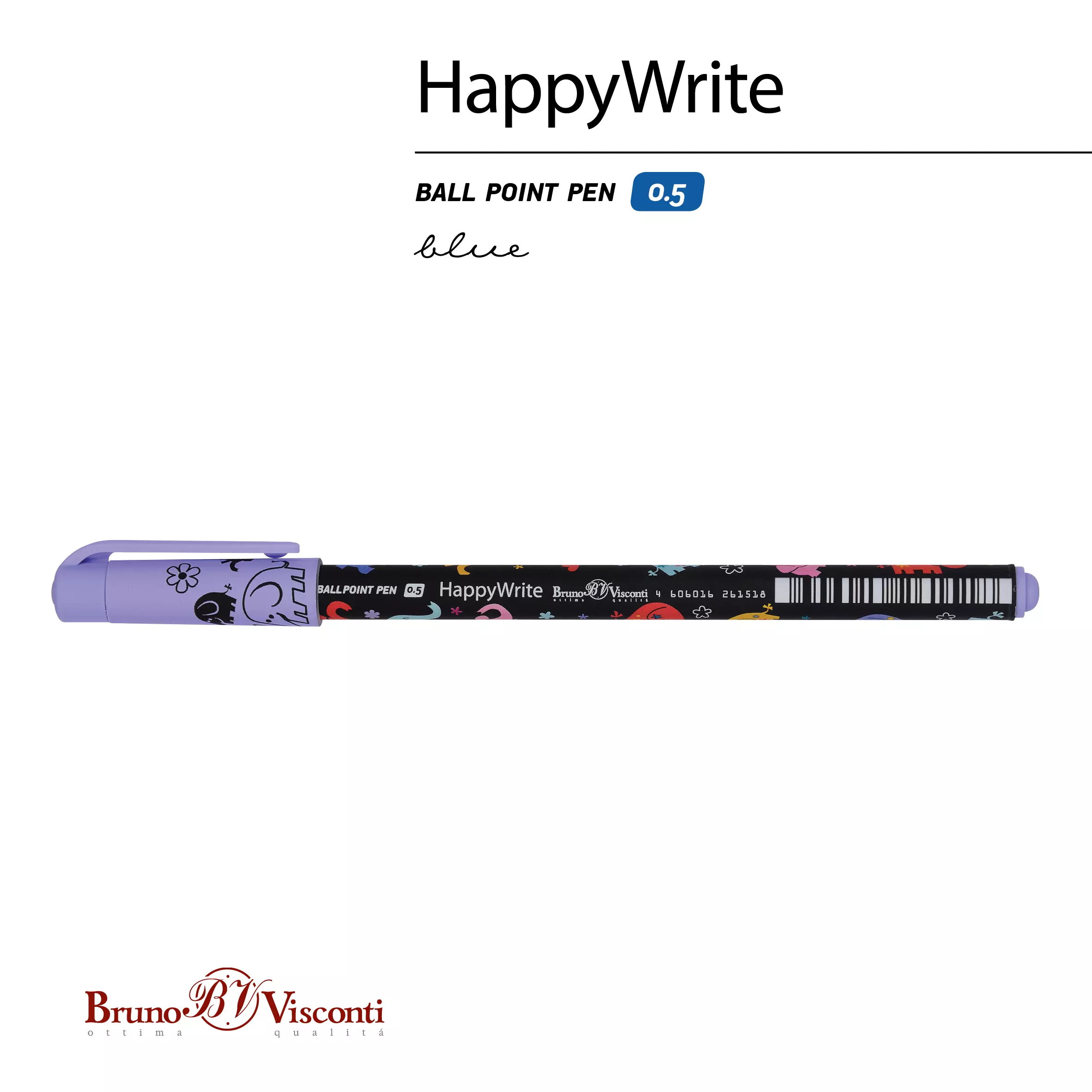 Шариковая ручка BrunoVisconti HappyWrite. Разноцветные слоники, 0.5 мм, синяя