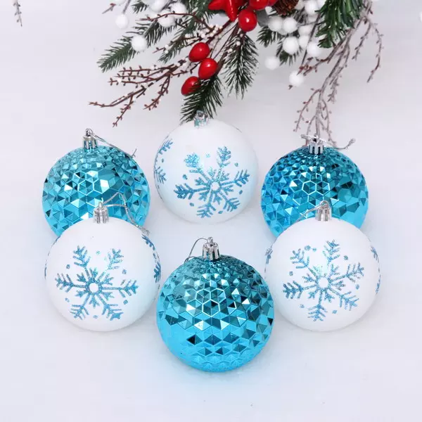 Новогодние шары 8 см Снежное сияние (в наборе 6 шт), Голубой/Белый 201-2061