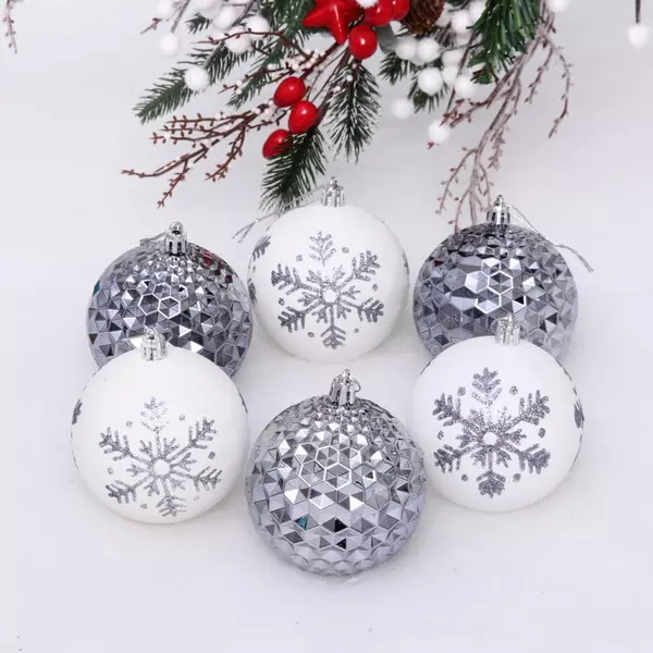 Новогодние шары 8 см Снежное сияние (в наборе 6 шт), Графит/Белый 201-2063