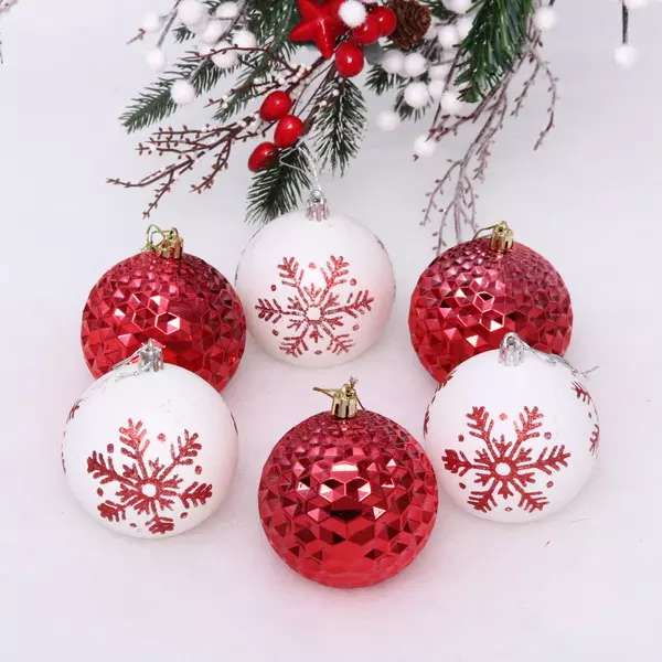 Новогодние шары 8 см Снежное сияние (в наборе 6 шт), Красный/Белый 201-2062