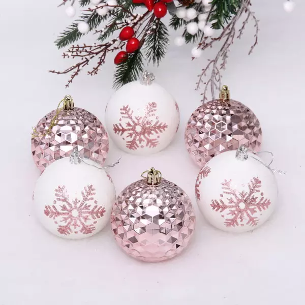 Новогодние шары 8 см Снежное сияние (в наборе 6 шт), Розовое золото/Белый 201-2060