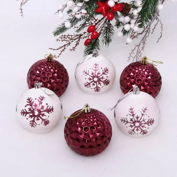 Новогодние шары 8 см Снежное сияние (в наборе 6 шт), Рубин/Белый 201-2066