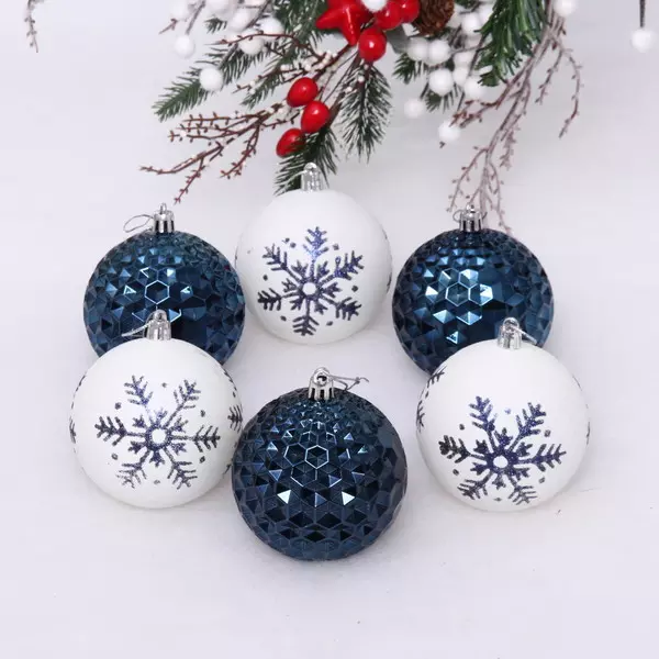 Новогодние шары 8 см Снежное сияние (в наборе 6 шт), Сапфир/Белый 201-2065