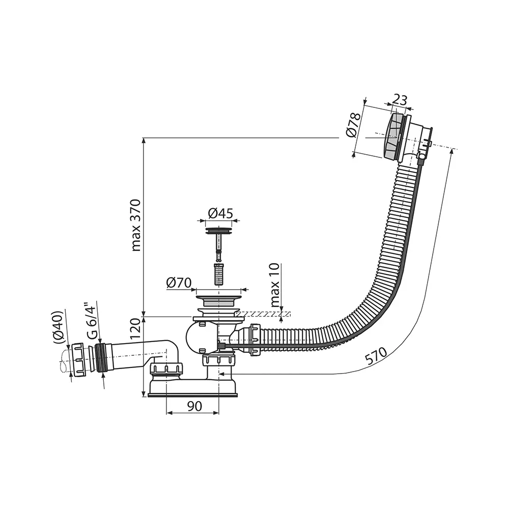 Сифон для ванны автомат комплект металл/металл длина 57 см Alcaplast AG210125160