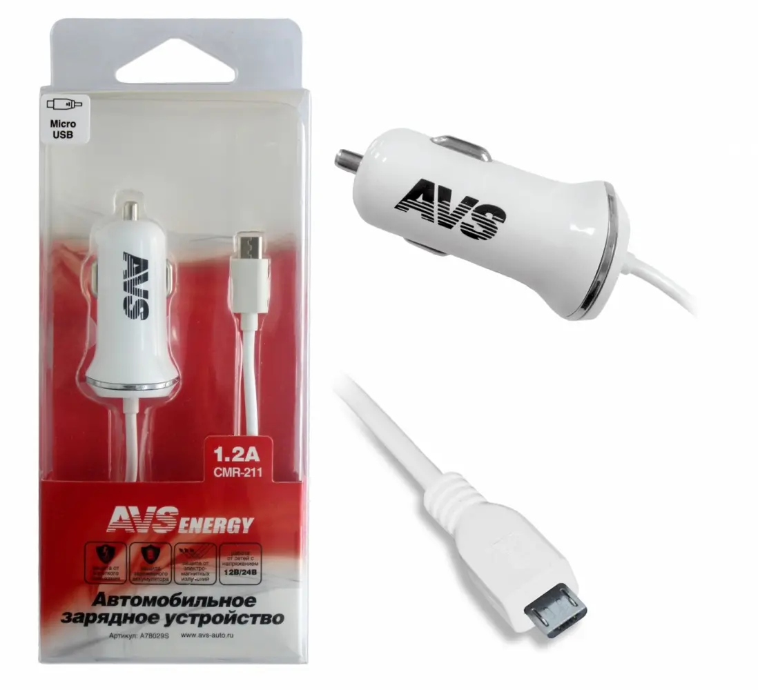 Автомобильное зарядное устройство AVS с micro USB  CMR-211 (1,2А)