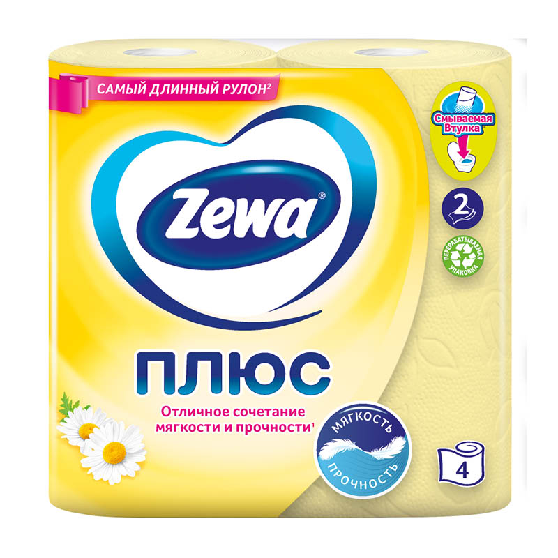 Туалетная бумага Zewa Plus Ромашка (4шт) 2 слоя