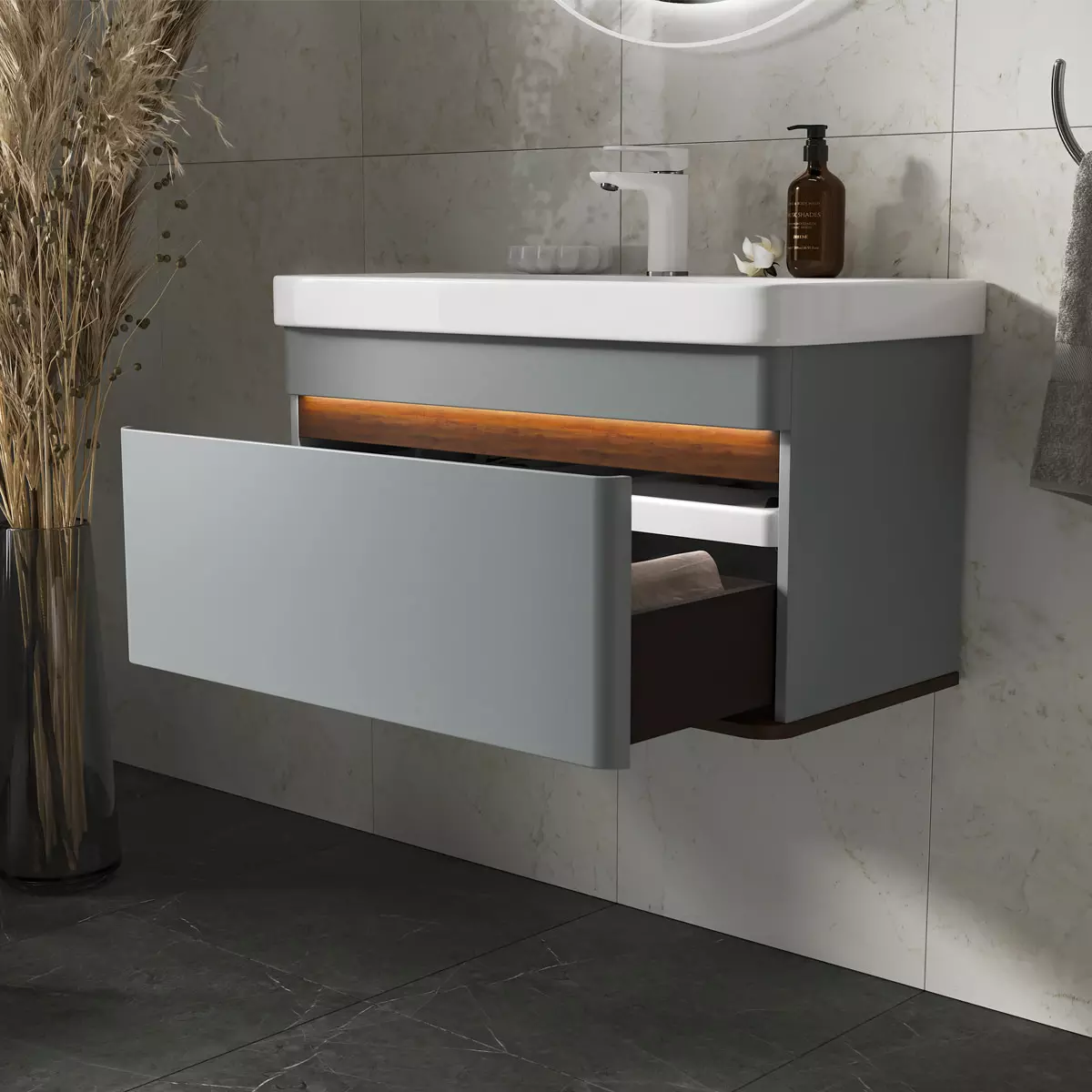 Подвесная тумба с раковиной 80 см EQUIL Elegante/Элеганте T8 Мэйджик/Дуб голиано + рак. Найс 80, tpELGNT80.1Y (9595)-24.26