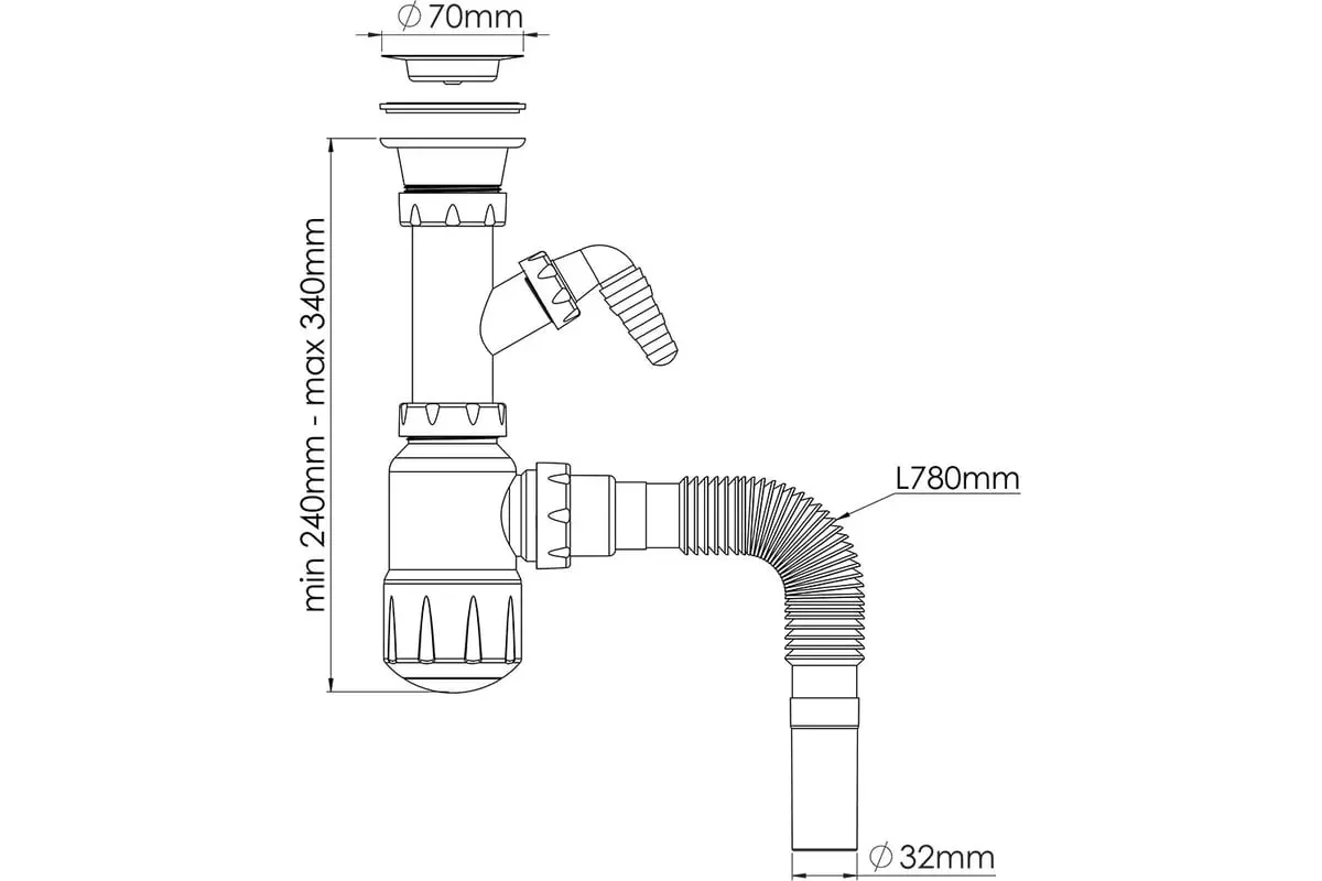 Сифон бутылочный 1 1/2"х40, вып. 70 мм.разборн.,вых.для стир.маш., с гибкой трубой 40/50, Nova 1054