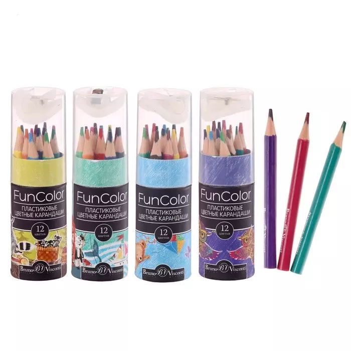 Цветные карандаши УКОР FUNCOLOR (пластиковые) В ТУБУСЕ С ТОЧИЛКОЙ, 12 цветов 6 вида
