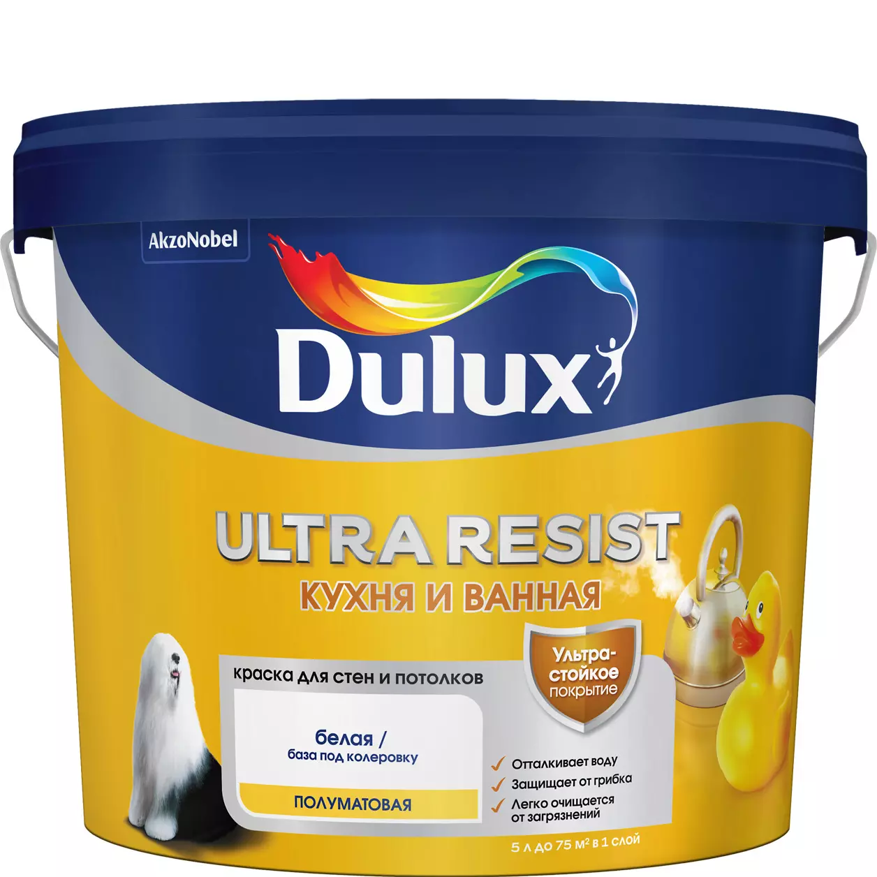 Краска для кухни и ванной Dulux Ultra Resist полуматовая BW 5 л