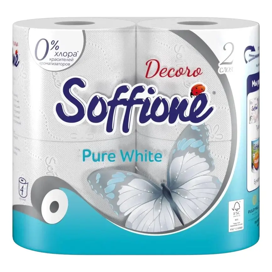 Туалетная бумага Soffione Pure White 2 слоя белая, 4 шт.