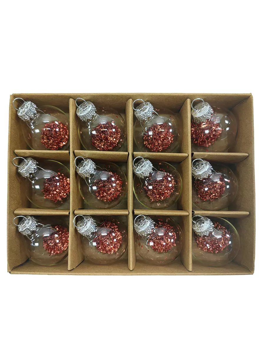 Новогоднее подвесное украшение из стекла с наполнением из ПЭТ, набор из 12 шт / 3х3х3см 95608
