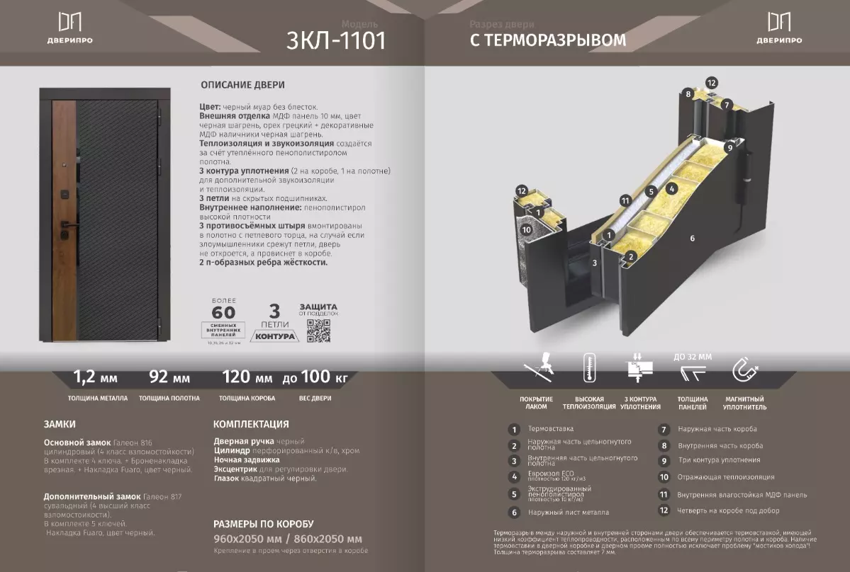 Дверь входная металл Термо "ДвериПро" 3K L-1101/ФЛ-25 Веллуто бьянко 860*2050 (Л)