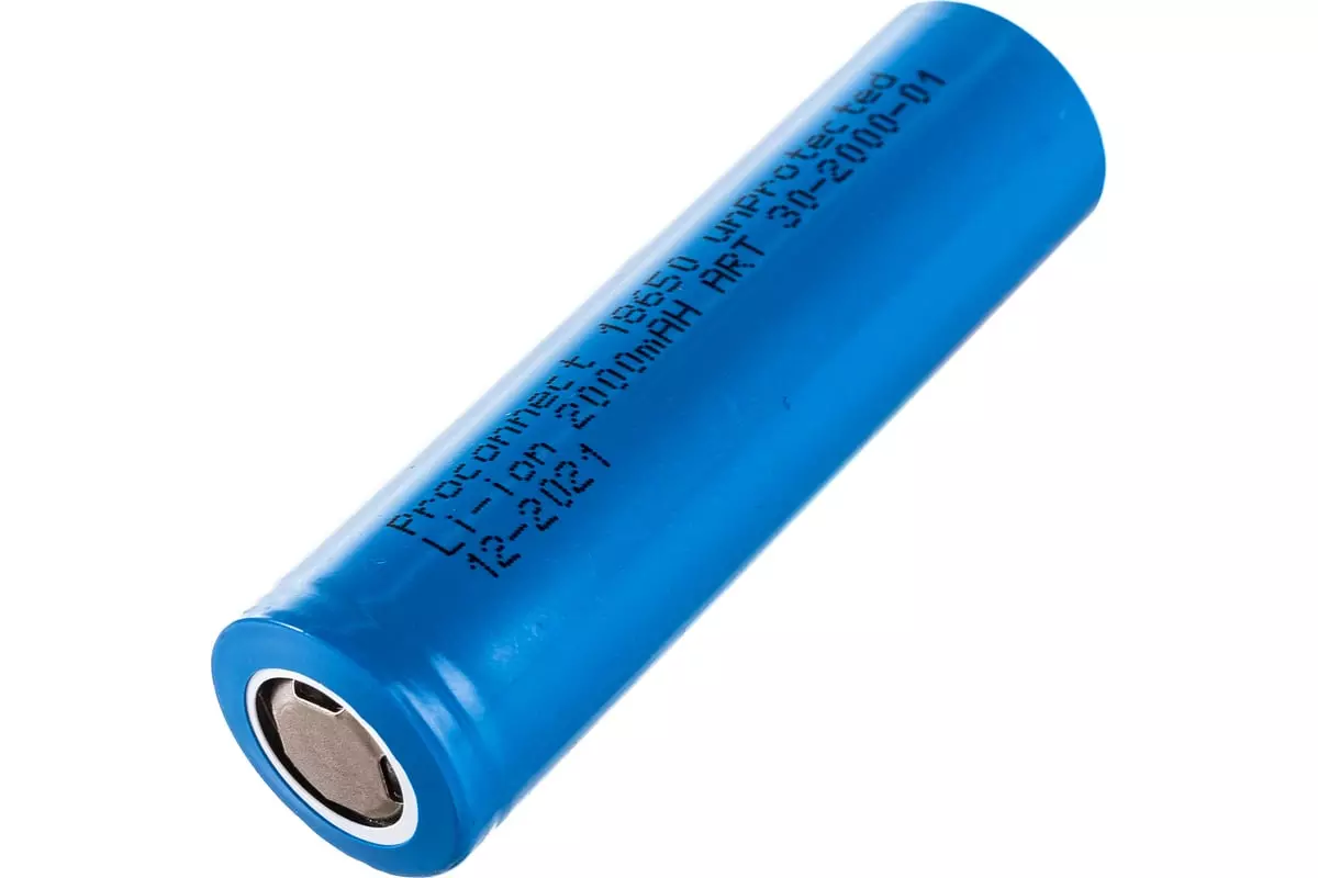 Аккумуляторная батарейка 18650 3,7В 2000мАч 1шт без платы защиты, плоский контакт PROconnect 30-2000-01