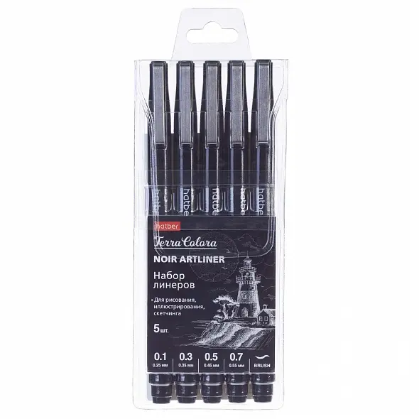 Линеры черные Hatber Noir/Нуар -Terra Colora- 01./0.3/0.5/0.7mm/Brush 5 шт AM_070955