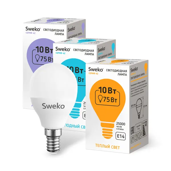 Лампа светодиодная Sweko Е14 230В 10Вт 3000К шар теплый