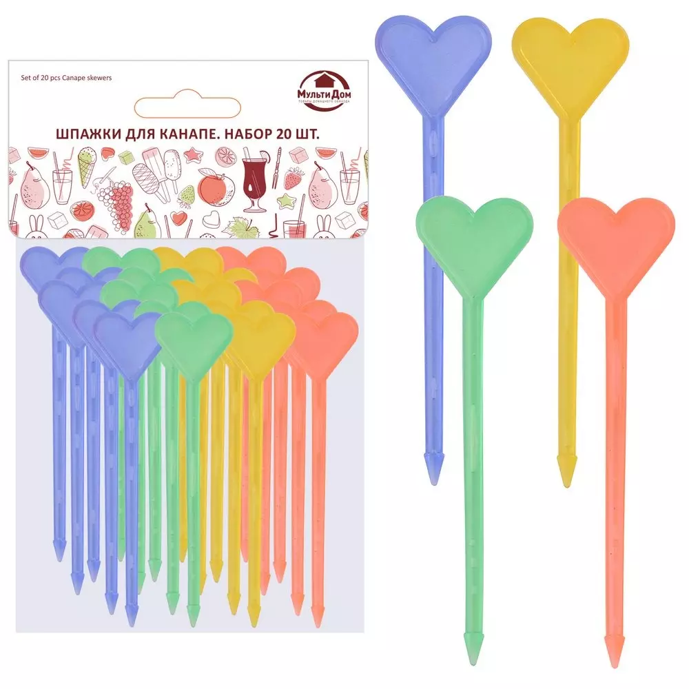 Шпажки для канапе "Сердечки", длина 8,5 см, набор 20 шт, пластик, МГ76-67