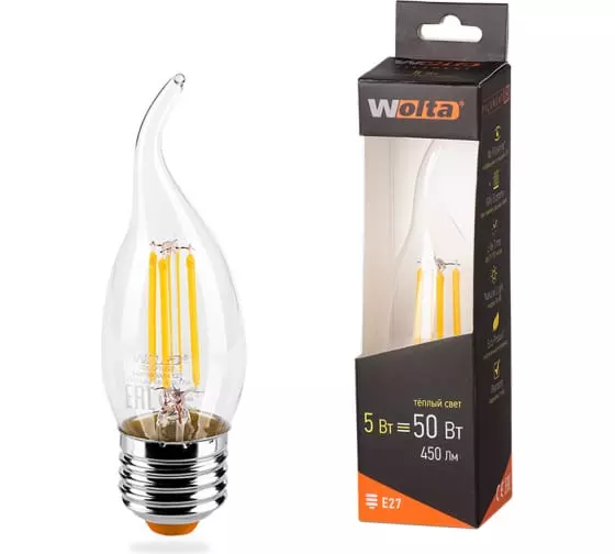 Лампа светодиодная Wolta Filament Е27 5Вт 3000К свеча теплый