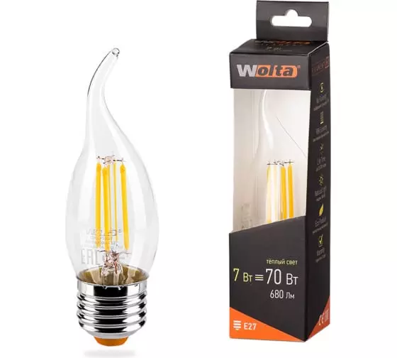 Лампа светодиодная WOLTA Filament 25YCDFT7E27 7Вт 3000К Е27 свеча теплый