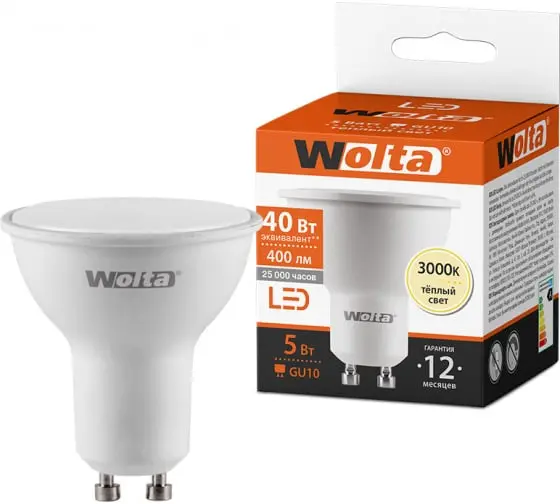 Лампа светодиодная Wolta GU10 230В 5Вт 3000К теплый