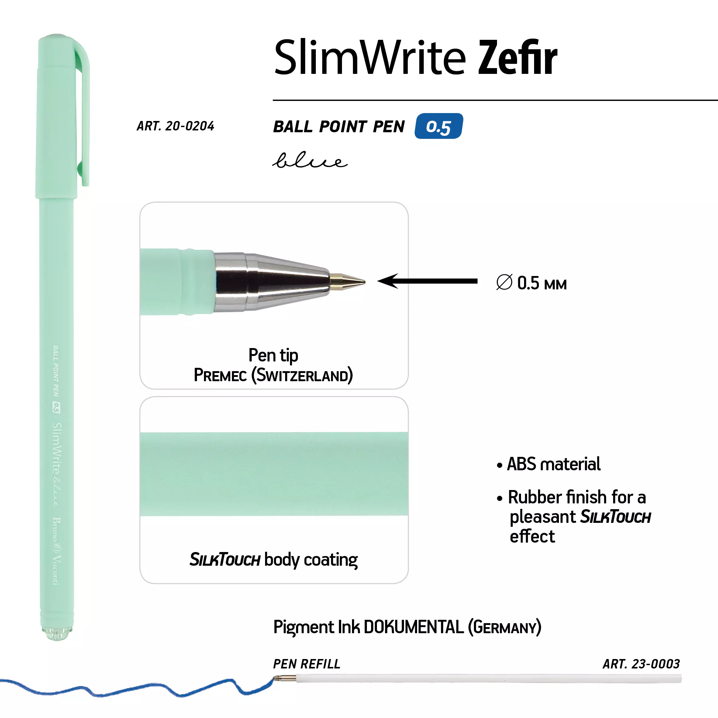 Ручка шариковая BrunoVisconti SlimWrite Zefir 0.5 мм синяя (4 цвета корпуса)