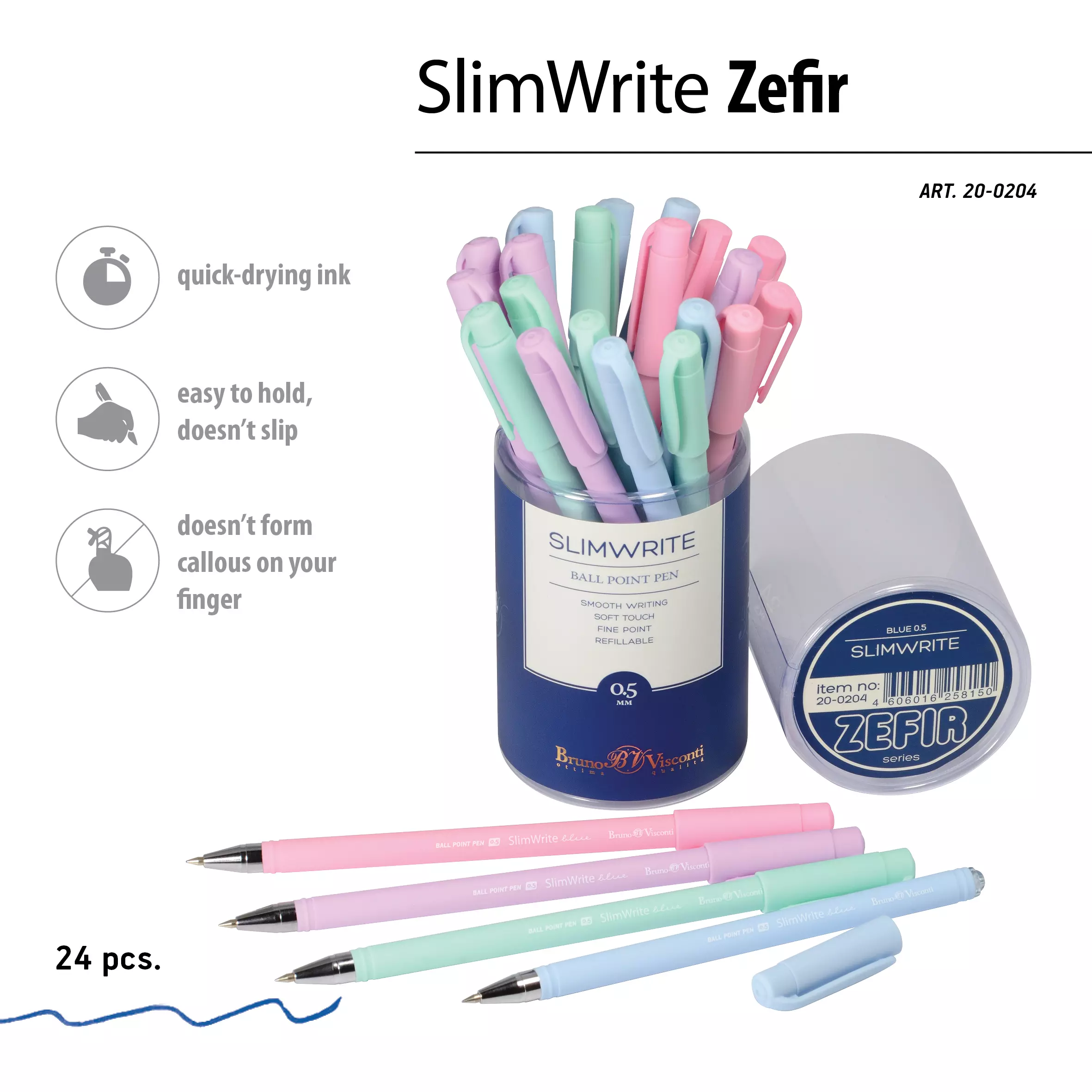 Ручка шариковая BrunoVisconti SlimWrite Zefir 0.5 мм синяя (4 цвета корпуса)