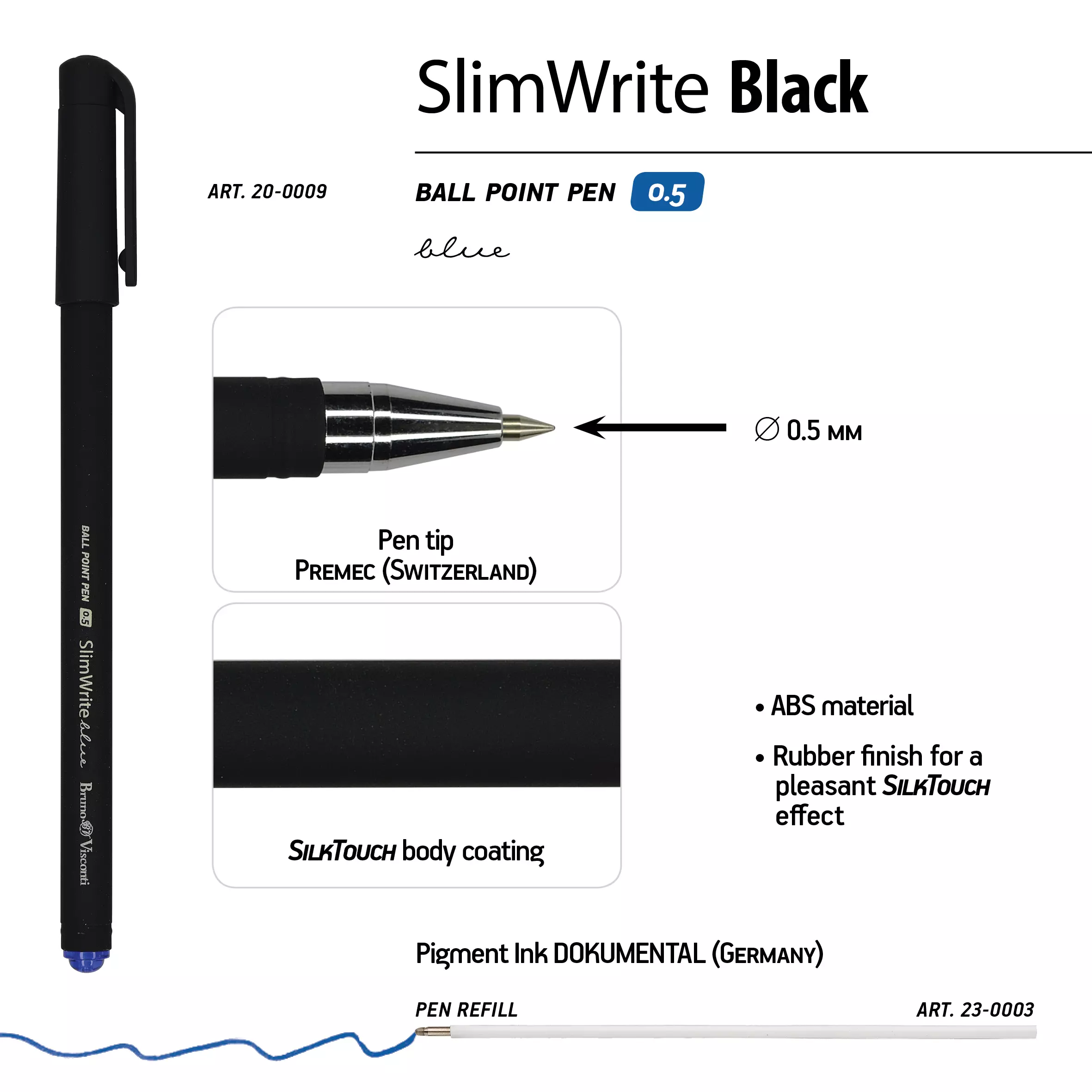 Шариковая ручка BrunoVisconti SlimWrite.BLACK, 0.5 мм, синяя