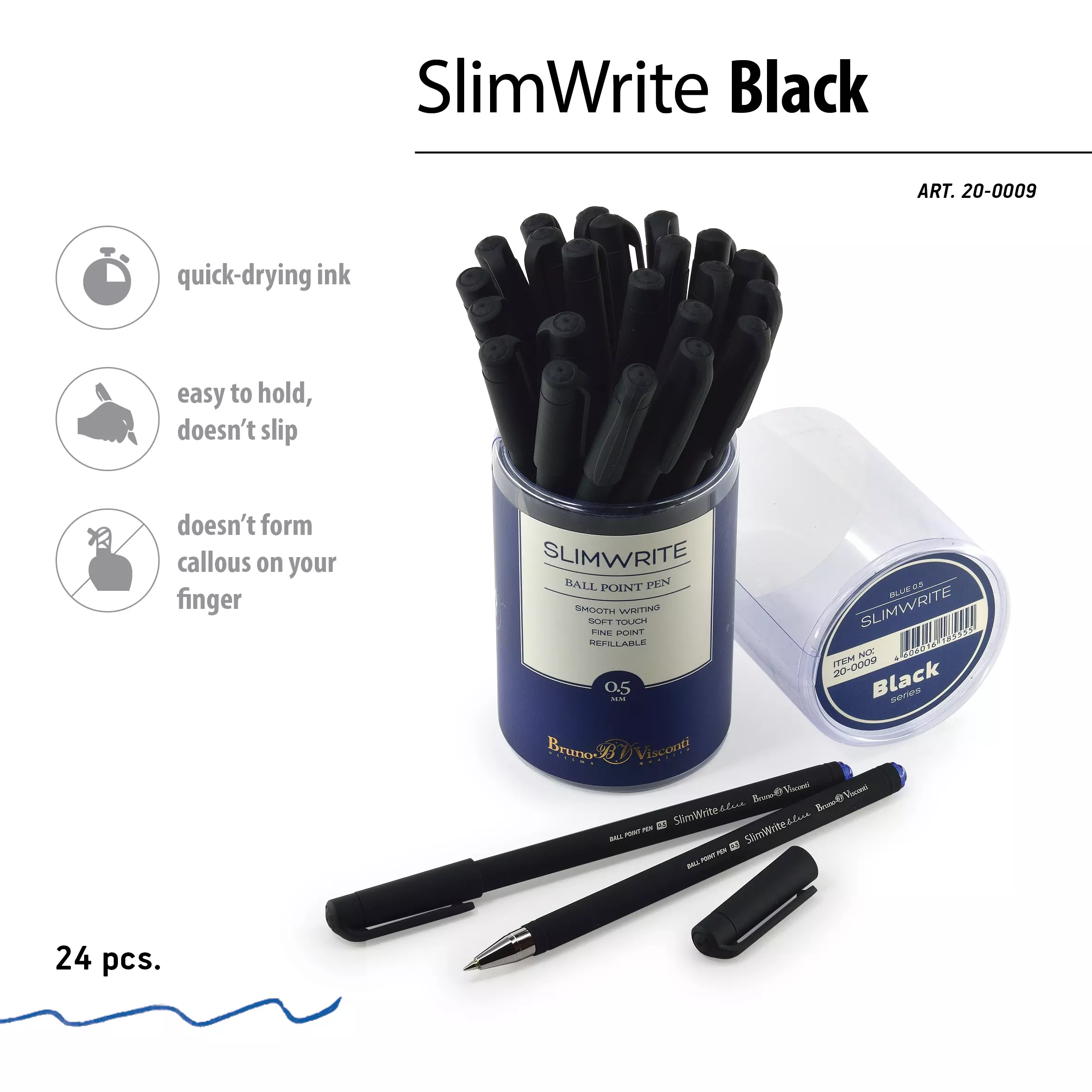 Шариковая ручка BrunoVisconti SlimWrite.BLACK, 0.5 мм, синяя