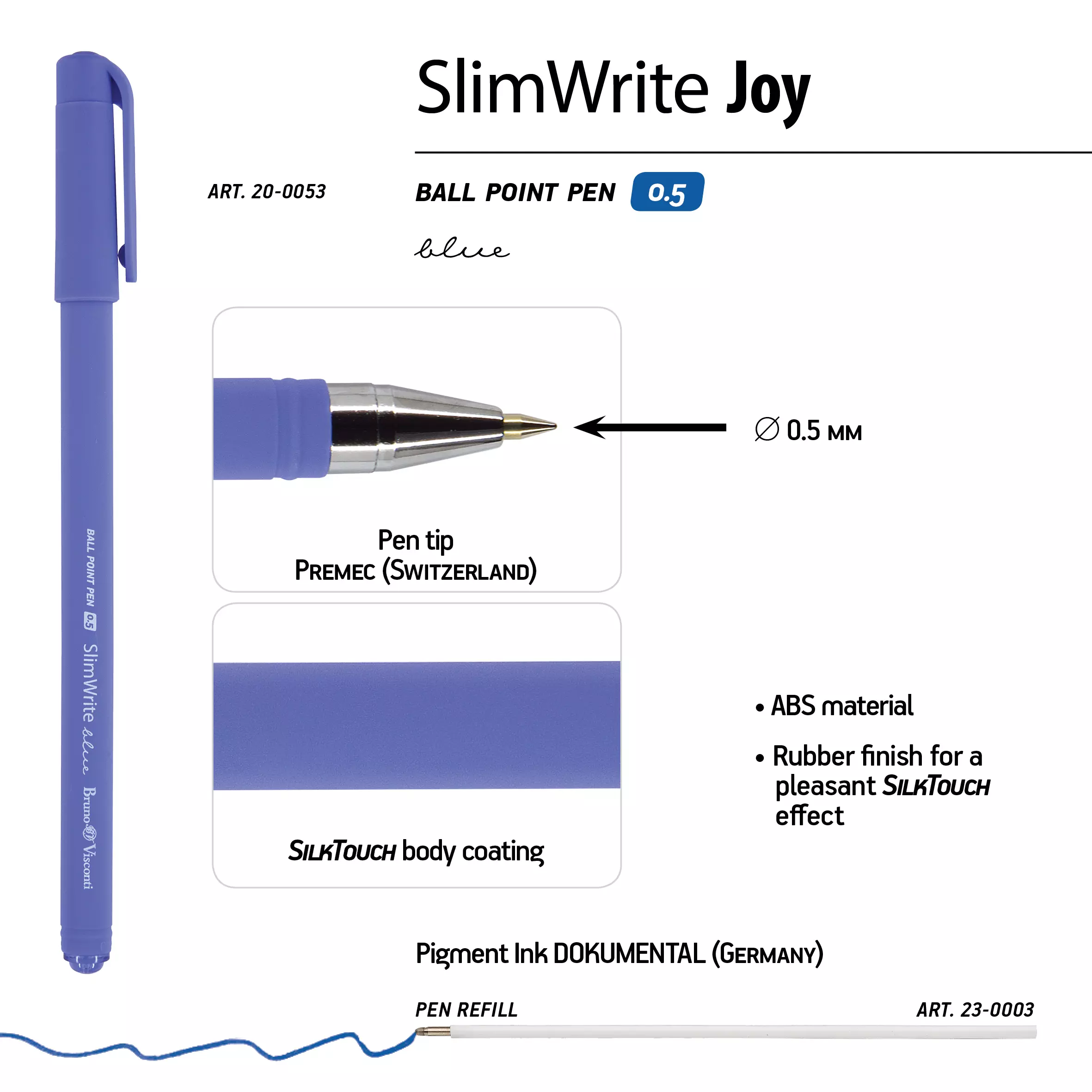 Шариковая ручка BrunoVisconti SlimWrite.JOY, 0.5 мм, синяя (3 цвета корпуса)