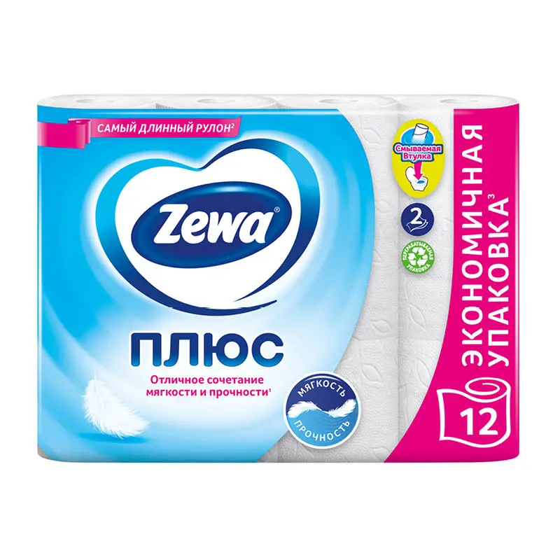Туалетная бумага Zewa Plus Белая (12шт) 2 слоя
