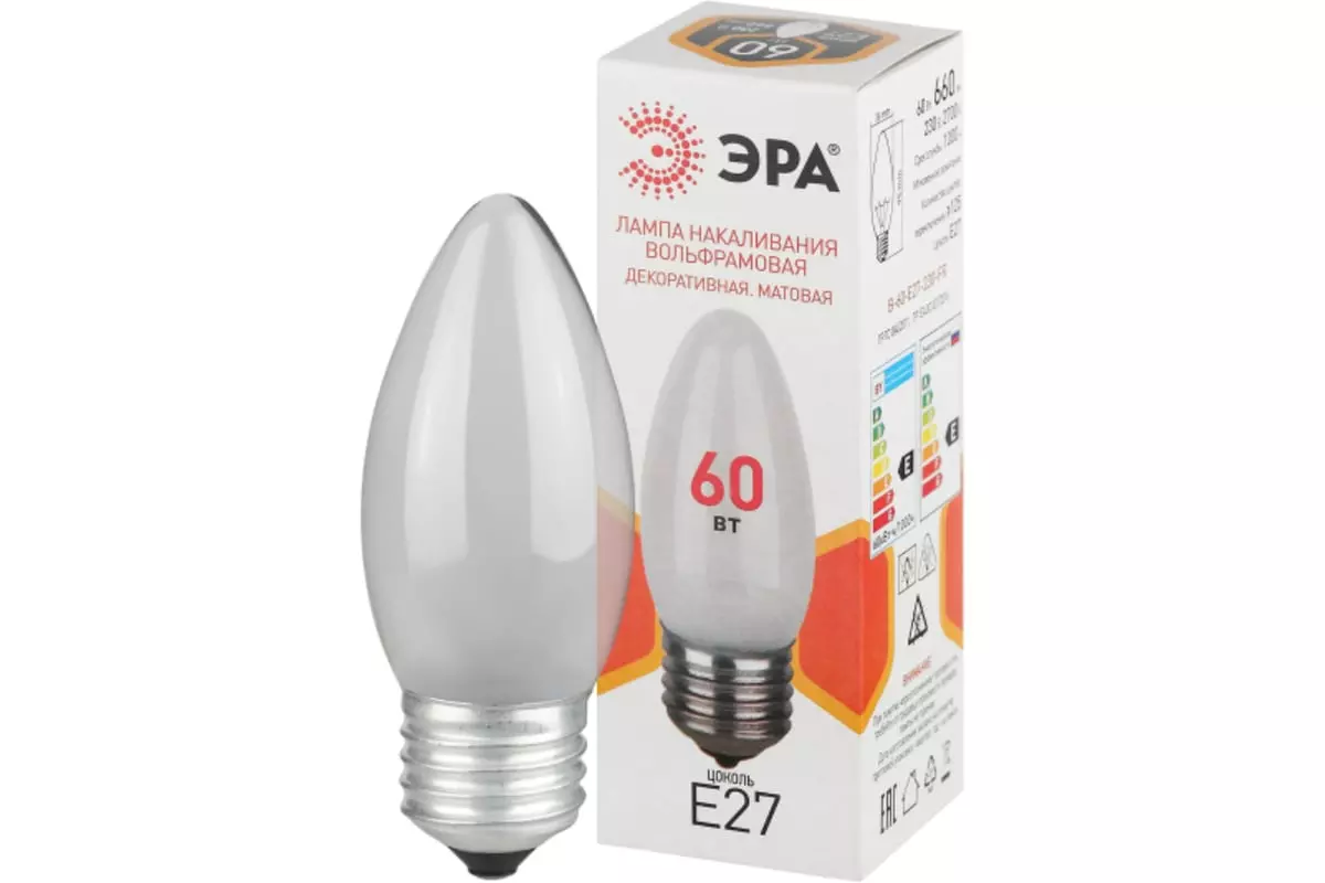 Лампа накаливания Е27 220В 60Вт свеча матовая ЭРА Б0066409