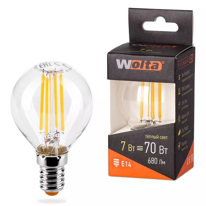 Лампа светодиодная Wolta Filament Е14 230В 7Вт 3000К шар теплый