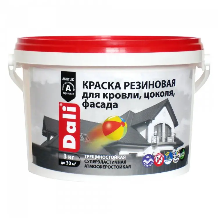 Краска Dali резиновая для кровли, цоколя, фасада, база С - 3 кг (бесцветный)