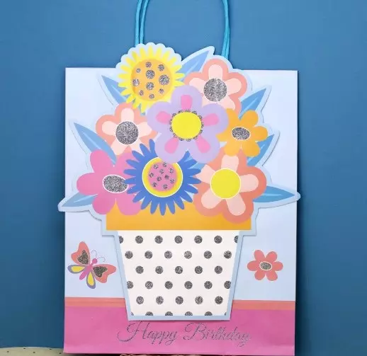 Пакет подарочный (M) «Happy B-day flower», pink (26*32*12)