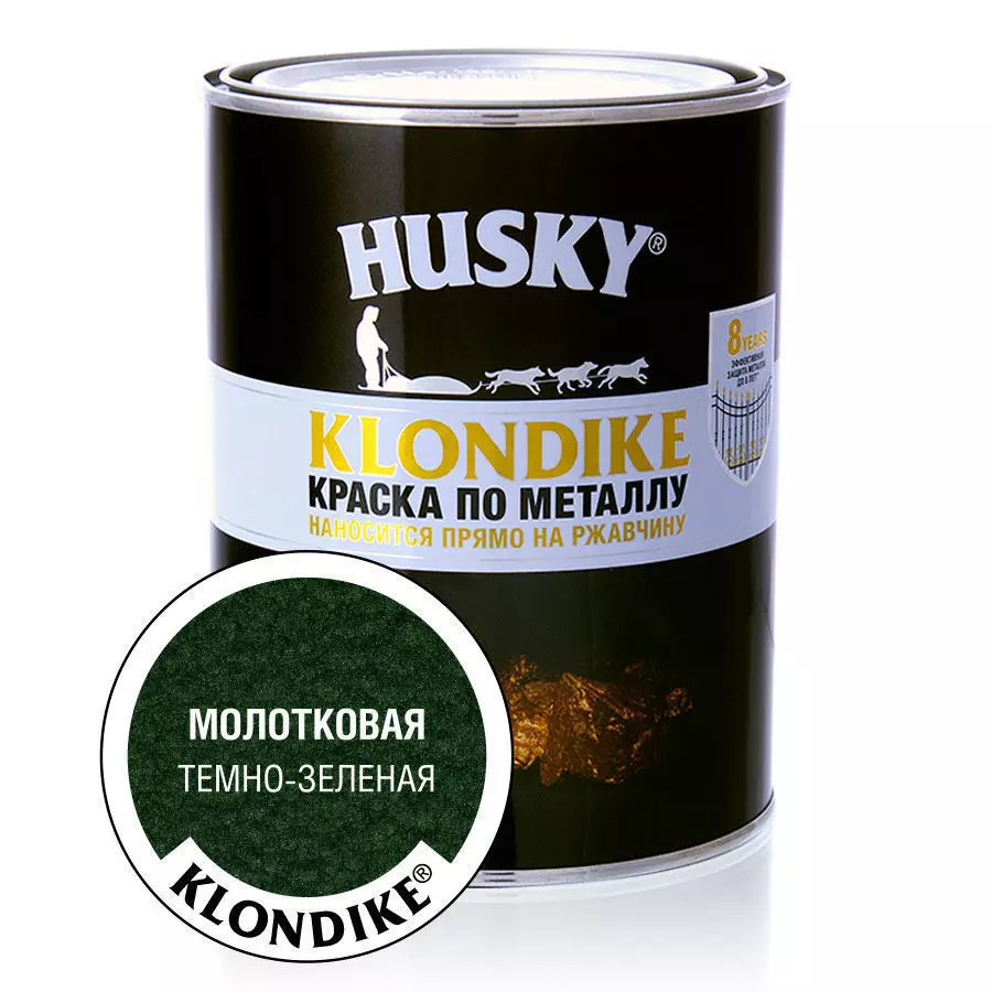 Краска Husky-Klondike по металлу с молотковым эффектом темно-зеленая (0,9л; 6шт)